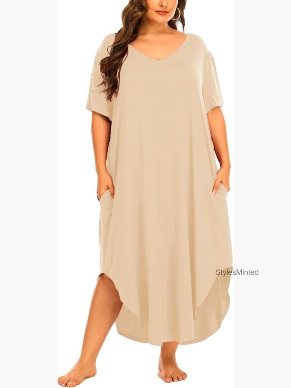 Plus Size Nightgown Sleep Dress Maxi with Pockets Short Sleeve V-Neck